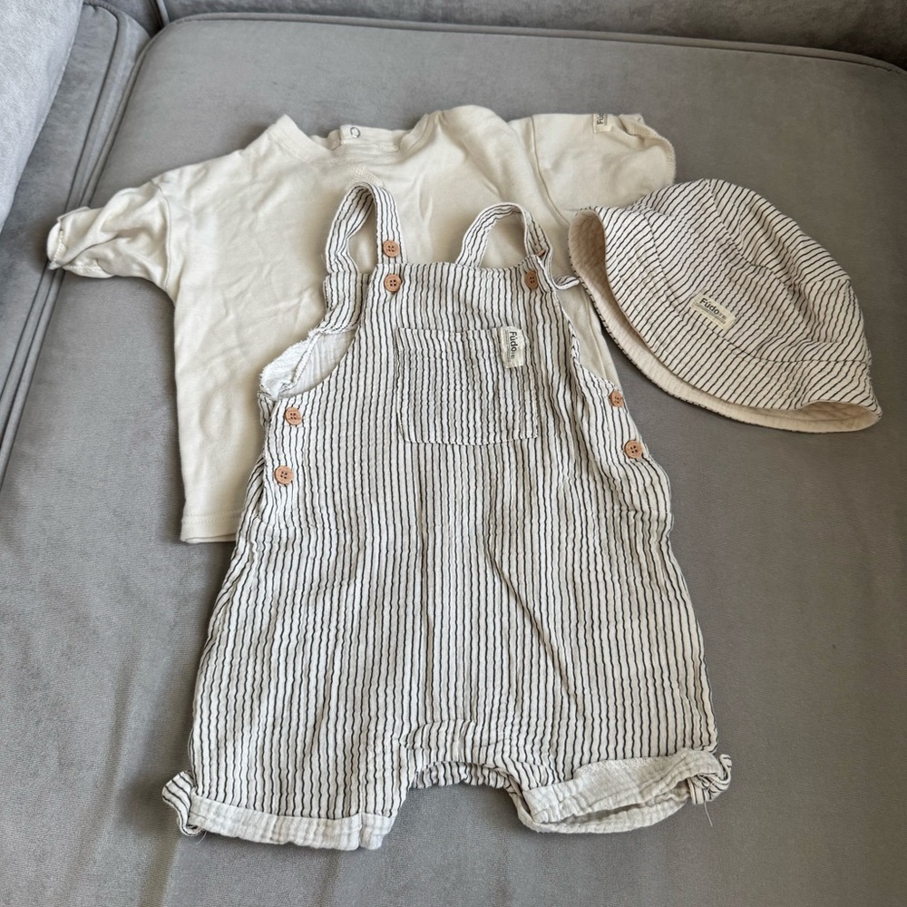 Striped Cream and Black Toddlers Short Overalls Set